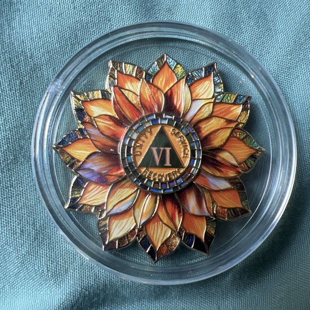 6 Year Sobriety Coin 3D Glass Sunflower Themed AA Chips Medallion Sobriety Gifts